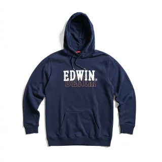 【EDWIN】男裝 人氣復刻款 疊印LOGO連帽厚長袖T恤(丈青色)