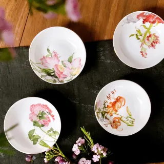 【TALES 神話言】故宮郎世寧-仙萼長春-骨瓷點心盤-4組(開運 招財 健康 事業 貴人)