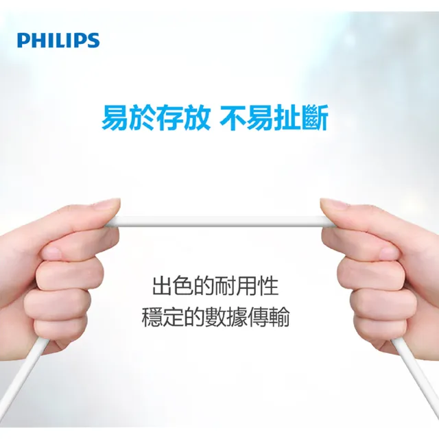 【Philips 飛利浦】2入組-USB to Lightning 200cm MFI手機充電線-白(DLC4570V)