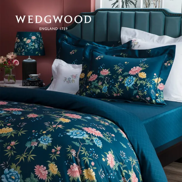 【WEDGWOOD】義大利300織長纖棉印花鬆緊床包-藍彩花園(加大180x186cm)