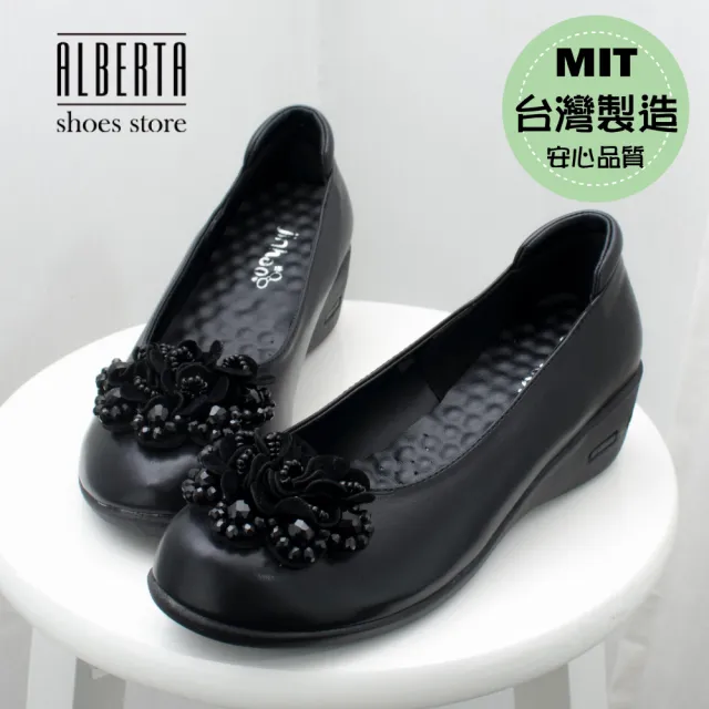 【Alberta】MIT台灣製 舒適乳膠鞋墊 4cm跟鞋 優雅氣質花朵飾釦 皮革楔型圓頭包鞋 OL上班族