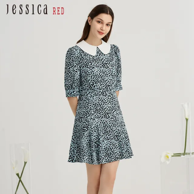 【Jessica Red】修身顯瘦豹紋襯衫領短袖洋裝82417L