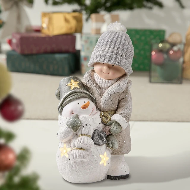 【YU Living 信歐傢居】聖誕LED人偶擺飾 毛帽小童與雪人造型擺飾(灰白色)
