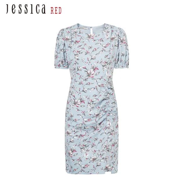 【Jessica Red】修身浪漫印花褶皺開叉短袖雪紡洋裝824171