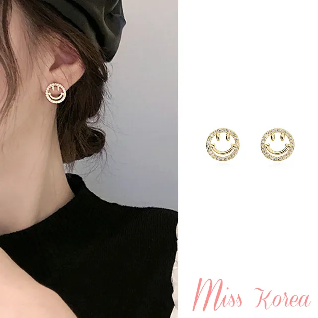 【MISS KOREA】韓國設計925銀針閃耀美鑽可愛笑臉造型耳環(925銀針耳環 美鑽耳環 笑臉耳環)