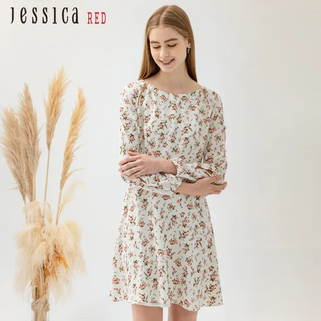 【Jessica Red】浪漫清新小碎花修身長袖雪紡洋裝824172