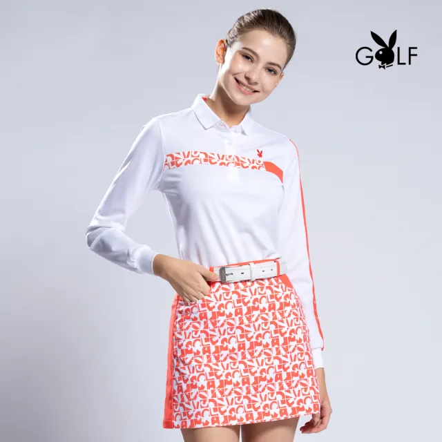【PLAYBOY GOLF】女款定位圖騰剪接長袖POLO衫-白(吸濕排汗/抗UV/高爾夫球衫/KA22207-87)