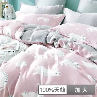 【貝兒居家寢飾生活館】100%天絲全鋪棉床包兩用被四件組 慵懶貓咪(加大雙人)