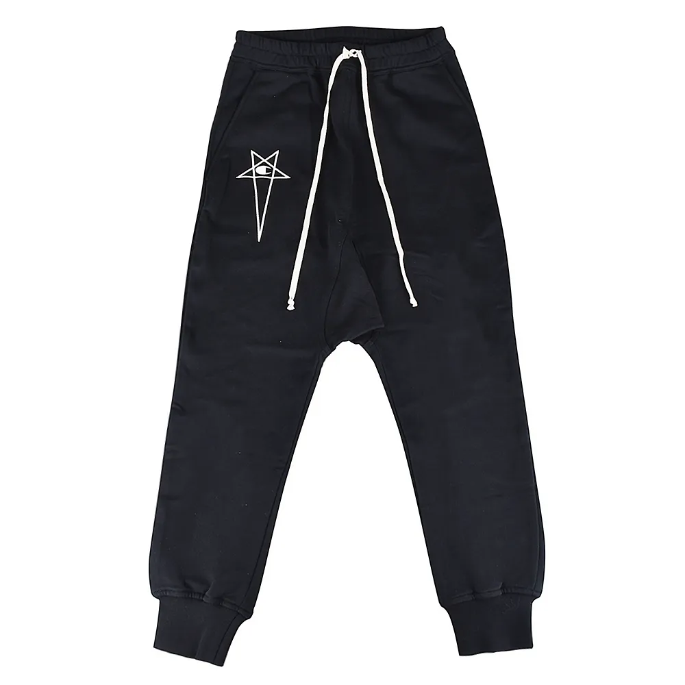 【RICK OWENS】RICK OWEN x CHAMPION聯名款標籤LOGO星星設計純棉拉繩縮口長褲(男款/黑)