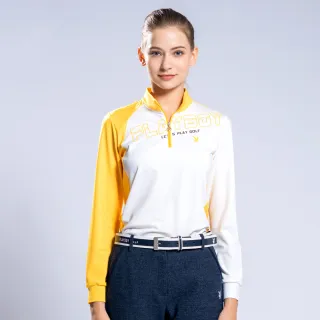 【PLAYBOY GOLF】女款不對稱剪接LOGO立領長袖POLO衫-黃(吸濕排汗/高爾夫球衫/KA22222-35)