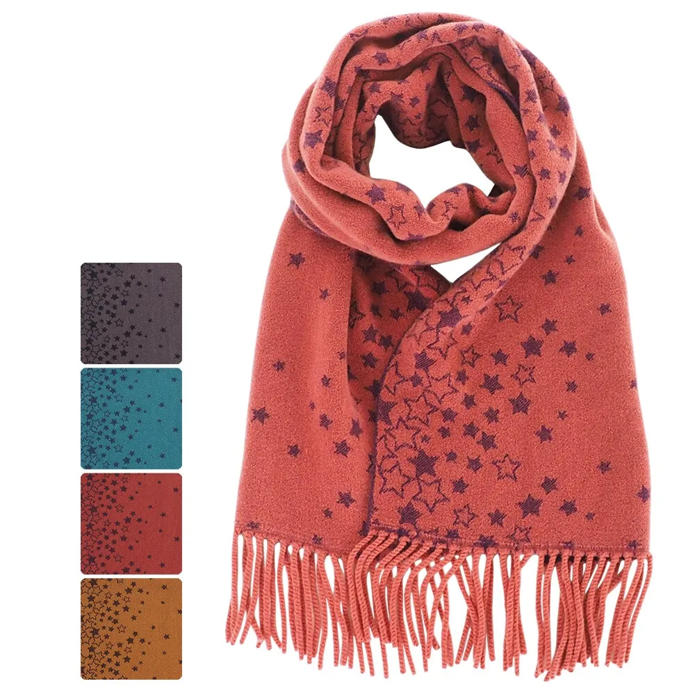 【日本SOLEIL】日本製紅色橘紅星星頂級設計羊毛觸感柔軟舒適保暖圍巾(披肩 生日情人節禮物)