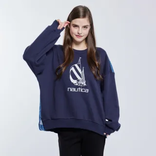 【NAUTICA】女裝 品牌LOGO異材質拼接刷毛大學T(深藍)