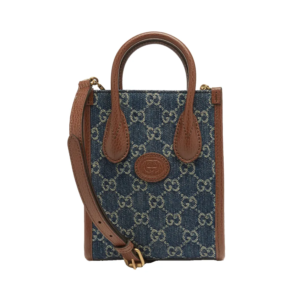 【GUCCI 古馳】Mini Interlocking G 迷你 牛仔 手提包 斜背包 手機包 托特包 藍色 671623