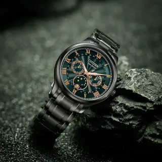 【CITIZEN 星辰】GENTS 光動能 月相顯示不鏽鋼腕錶 - 綠面x黑 / 42mm(AP1055-87X)