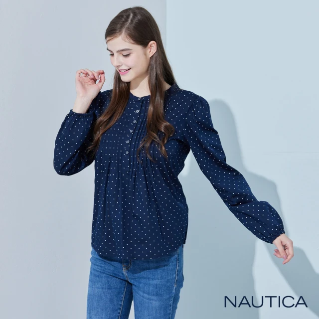 【NAUTICA】女裝 柔美休閒點點圖騰長袖襯(深藍)