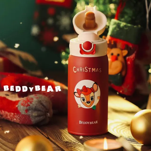 【BEDDY BEAR 杯具熊】聖誕幸運鹿彈跳保溫杯 彈蓋 316不鏽鋼保溫杯 直飲杯 380ml(保溫瓶)