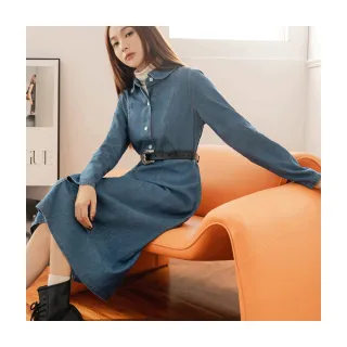 【OB 嚴選】率性翻領高含棉牛仔收腰長洋裝 《DA9512》