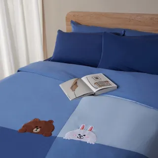 【YVONNE 以旺傢飾】100%美國棉被套+枕套組-熊大兔兔 晨霧藍 LINE FRIENDS(加大 純棉)