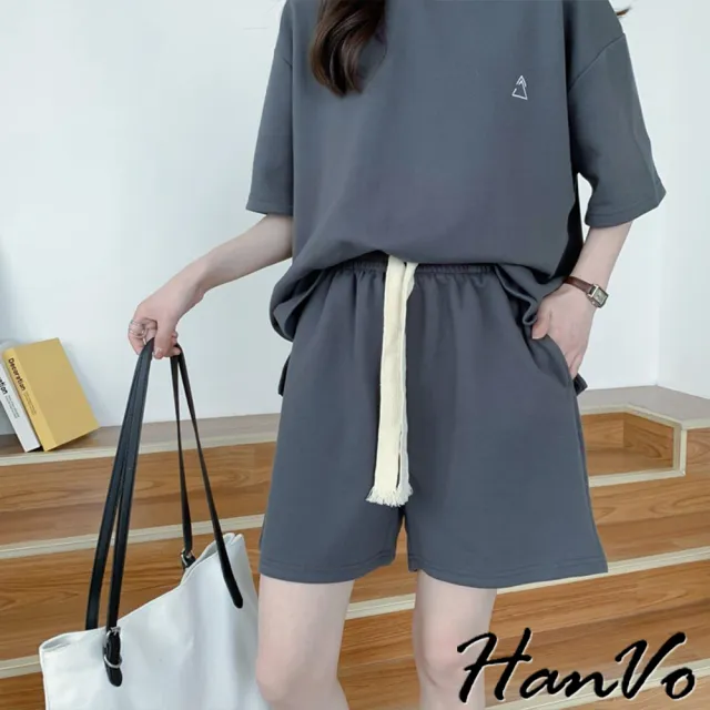【HanVo】現貨 一套出遊☆小三角刺繡兩件休閒套裝(休閒舒適短袖短褲套裝 百搭韓系女裝 女生衣著 A08-5940)