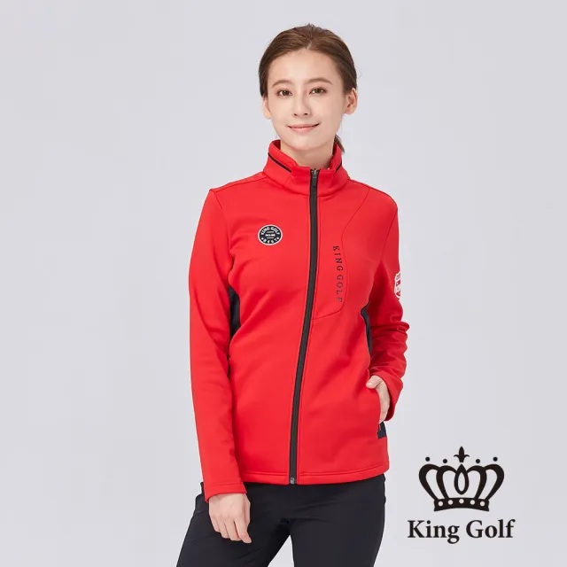 【KING GOLF】速達-女款盾牌刺繡LOGO燙印立領拉鍊厚刷毛夾克外套(橘紅)