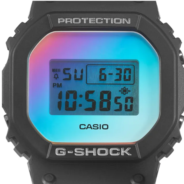 【CASIO 卡西歐】G-SHOCK 方形 彩虹炫光 200米防水 運動電子錶 DW-5600SR-1 黑/炫彩