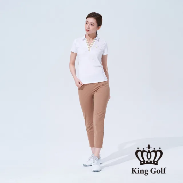 【KING GOLF】速達-女款拉鍊剪接彈性中厚款素面休閒長褲(卡其)