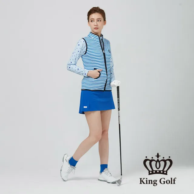 【KING GOLF】速達-女款星星刺繡火鶴愛心印圖條紋中厚背心外套(藍色)