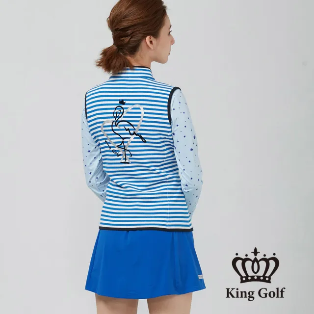 【KING GOLF】速達-女款星星刺繡火鶴愛心印圖條紋中厚背心外套(藍色)