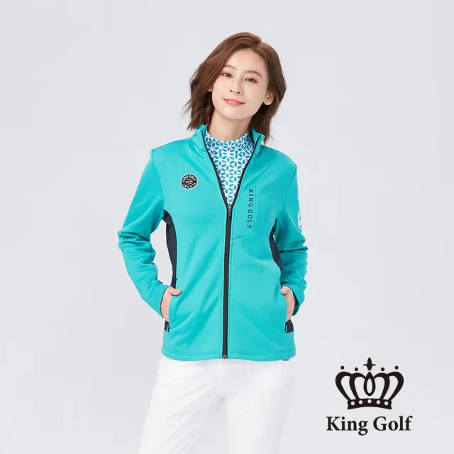 【KING GOLF】速達-女款盾牌刺繡LOGO燙印立領拉鍊厚刷毛夾克外套(綠色)