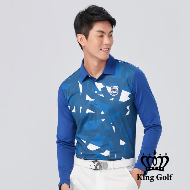 【KING GOLF】速達-塗鴉印花前胸貼布繡薄款長袖POLO衫(藍色)