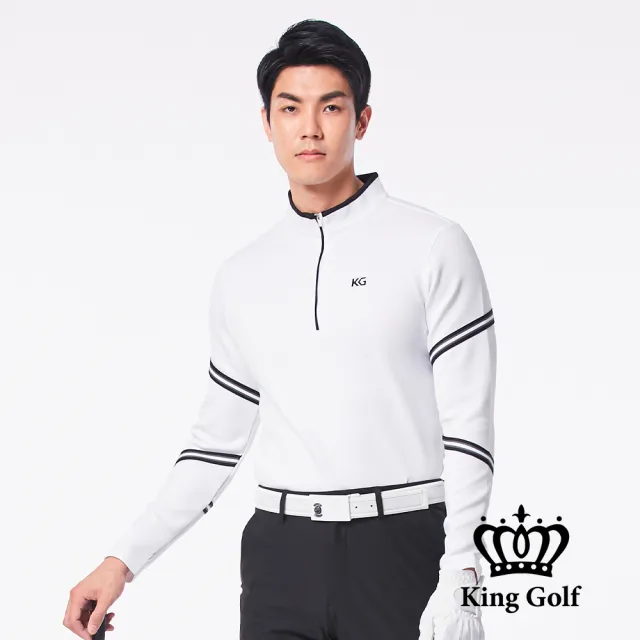 【KING GOLF】速達-三角條紋印花滾邊立領拉鍊厚款長袖POLO衫(白色)