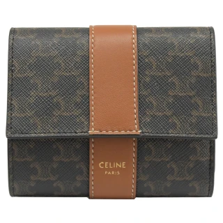 【CELINE】TRIOMPHE 燙金LOGO印花拼接釦式零錢短夾(深咖)