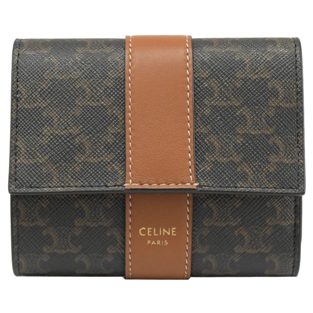 【CELINE】TRIOMPHE 燙金LOGO印花拼接釦式零錢短夾(深咖)