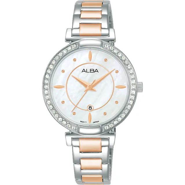 【ALBA】雅柏 珍珠貝晶鑽女錶-玫瑰金x銀/31mm 母親節 送禮 禮物(AH7BE9X1/VJ22-X389KS)