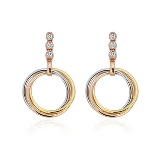 【King Star】18K三色金垂墜天然鑽石耳環(使用天然無色等級美鑽)