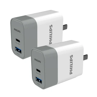 【Philips 飛利浦】2入超值組-18W typeC/USB 2孔PD/QC快充充電器(DLP4320)