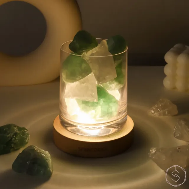 【SPANCONNY 飾品控】清新森林 l 白水晶x綠螢石x櫸木燈座 l 水晶氣氛燈(桌燈/小夜燈/水晶燈)