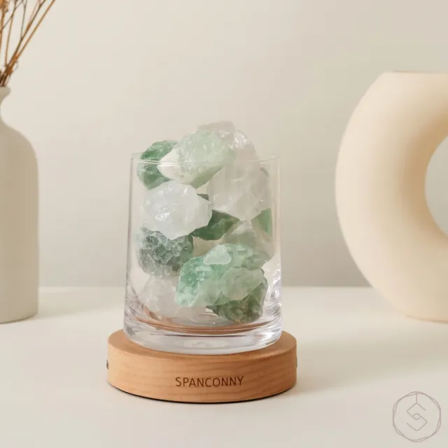 【SPANCONNY 飾品控】清新森林 l 白水晶x綠螢石x櫸木燈座 l 水晶氣氛燈(桌燈/小夜燈/水晶燈)