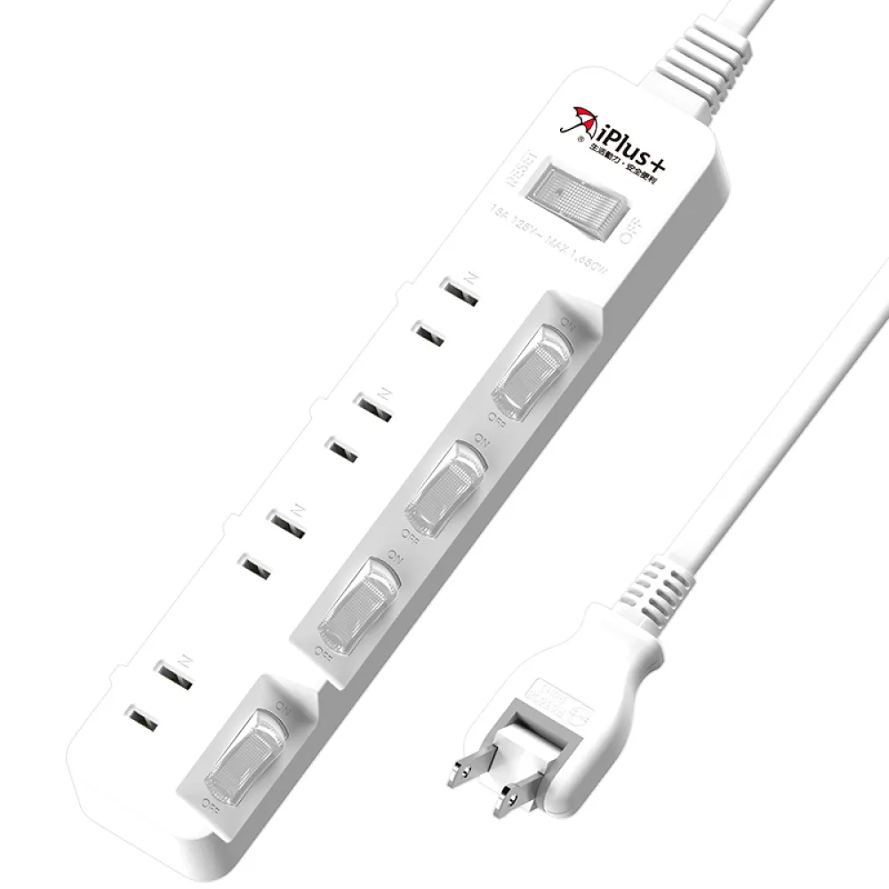 【iPlus+ 保護傘】5切4座防火抗雷擊180度插頭延長線2.7m(PU-2546)