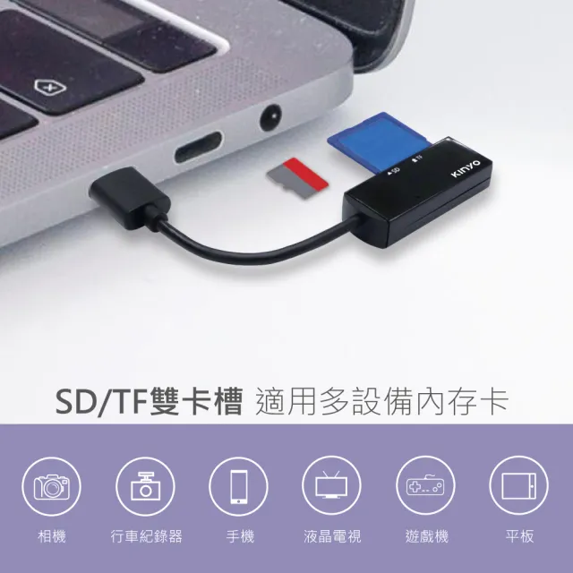 【KINYO】USB2.0 SD/TF記憶卡迷你加長雙槽讀卡機(相機/行車紀錄器/手機 KCR-219)