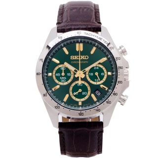 【SEIKO 精工】日本國內販售款三眼計時皮革錶帶手錶-綠面X咖啡色/40mm(SBTR017)