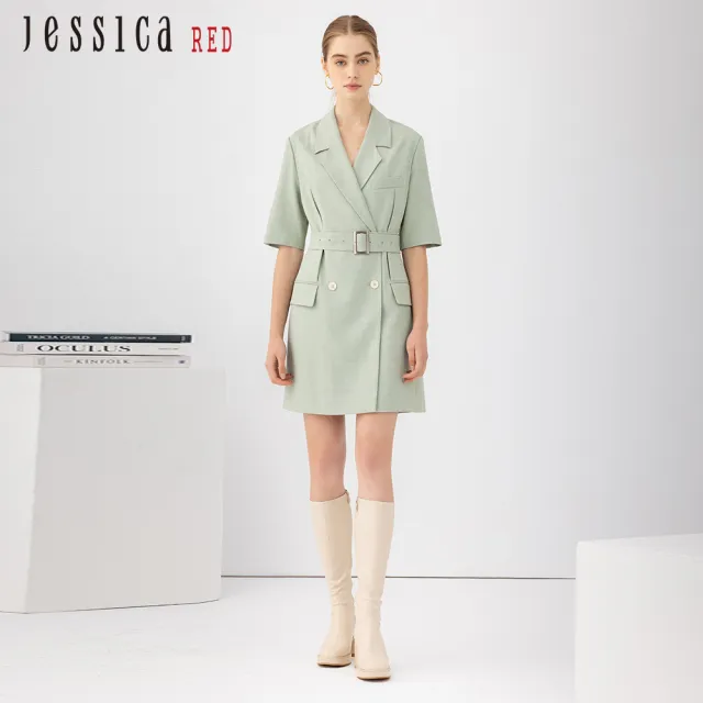 【Jessica Red】時尚個性雙排扣短袖西裝洋裝82417P（綠）
