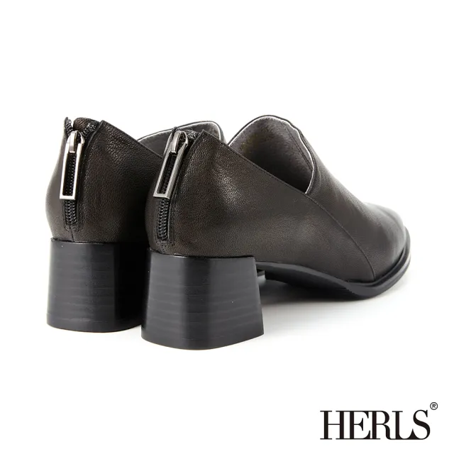 【HERLS】跟鞋-全真皮側V後拉鍊尖頭粗跟鞋(黑色)