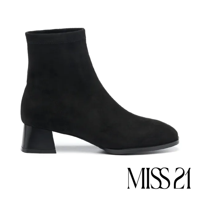 【MISS 21】簡約風格彈力純色方頭高跟短靴(黑)