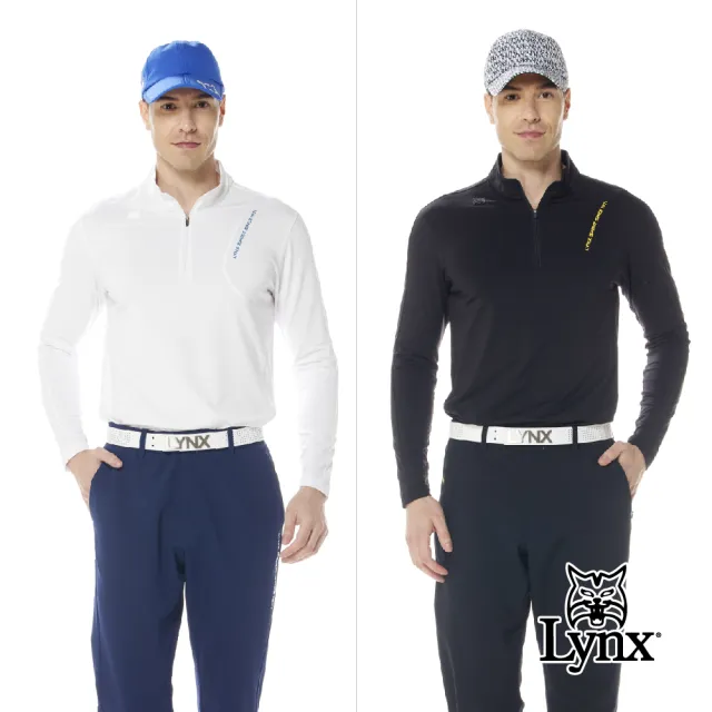 【Lynx Golf】首爾高桿風格！男款合身版吸排抗UV左胸LOGO印花剪裁造型長袖立領POLO衫(二色)