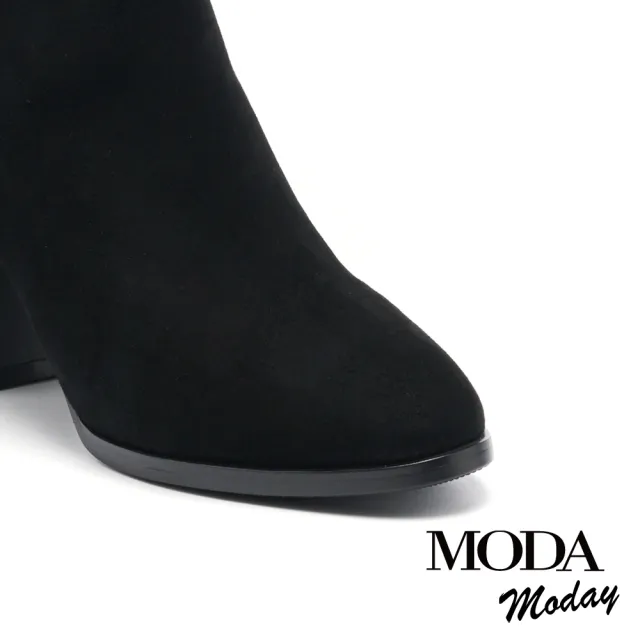 【MODA Moday】時尚品味金屬方釦帶羊麂皮高跟短靴(黑)