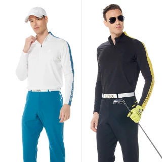 【Lynx Golf】首爾高桿風格！男款合身版吸溼排汗抗UV左肩造型配布剪接長袖立領POLO衫(二色)