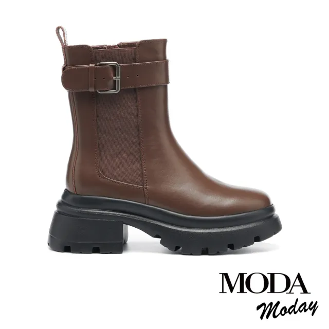 【MODA Moday】率性復古方釦帶牛皮切爾西厚底短靴(咖)