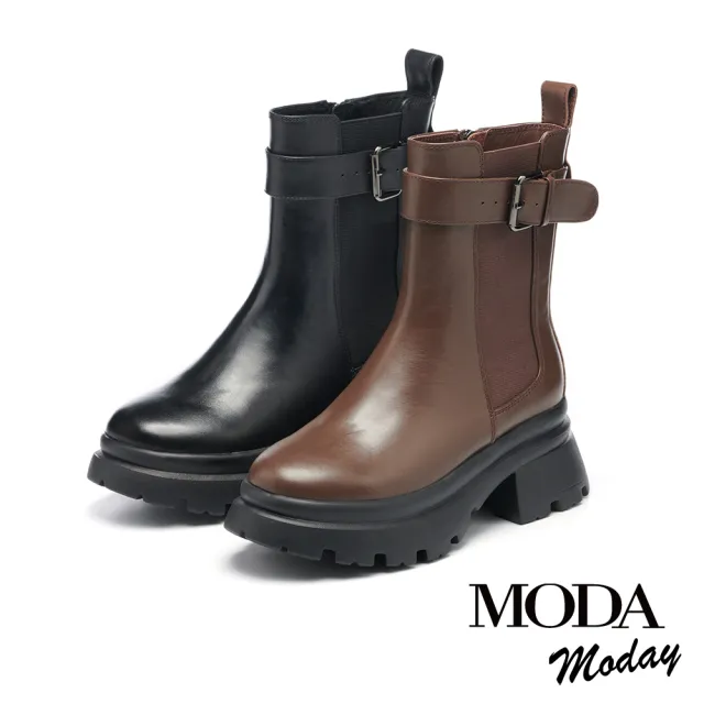 【MODA Moday】率性復古方釦帶牛皮切爾西厚底短靴(咖)