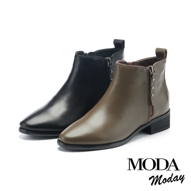 【MODA Moday】優雅質感純色牛皮尖頭低跟短靴(咖)